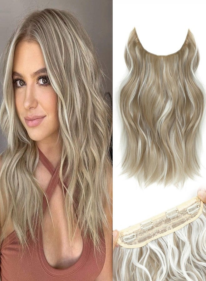 BUPPLER وصلات شعر هالو من بابلِر، 12 بوصة، وصلات شعر بسلك غير مرئي، قابلة للتعديل، شعر طويل مموج، مصنوعة من مواد صناعية مطورة، مزودة بأربعة مشابك تثبيت آمنة، لون أشقر رمادي داكن ممزوج بأشقر بلاتيني. - Image 1